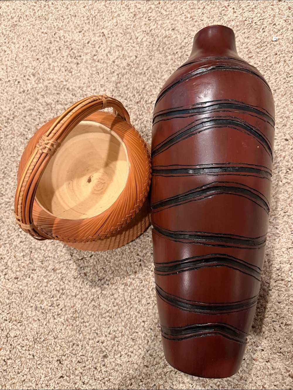 Brown Decorative Wooden Vase with Black Carved Accent and Wicker plant basket